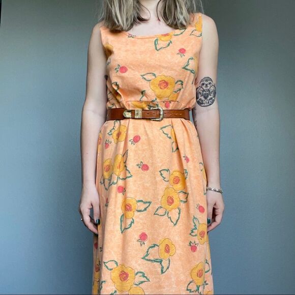 Vintage 90s Styleworks Novelty Fruit Peach Summer Maxi Tank Cotton Dress Sz L - Picture 8 of 14